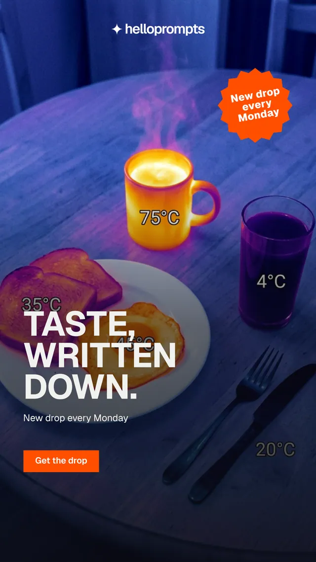 Instagram story for HelloPrompts: "Taste, written down." Swiss style, sticker layout, dark palette in purple, grey, blue.
