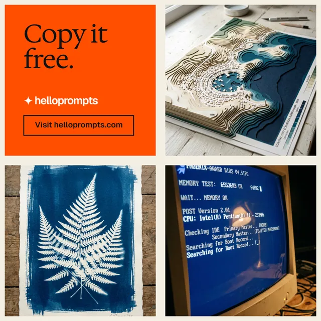 Instagram post for HelloPrompts: "Copy it free." Editorial style, collage layout, light palette in blue, orange, grey.