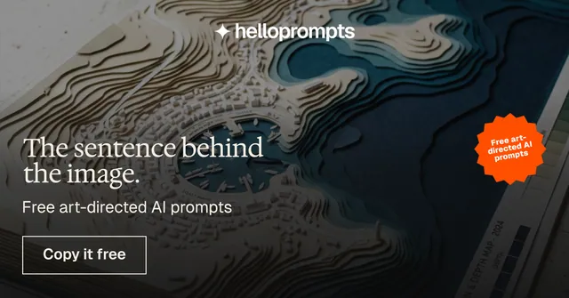 Social ad for HelloPrompts: "The sentence behind the image." Editorial style, sticker layout, dark palette in black, grey.