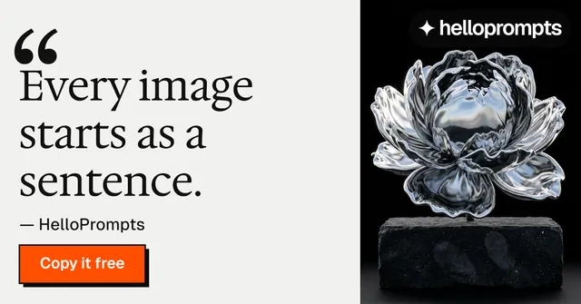 Social ad for HelloPrompts: "Copy it free." Brutalist style, quote layout, light palette in white, black, grey.