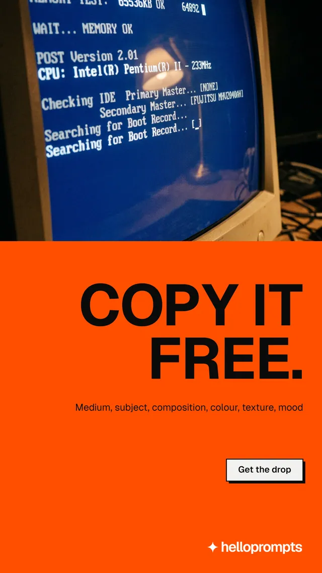 Instagram story for HelloPrompts: "Copy it free." Brutalist style, right layout, dark palette in orange, blue.