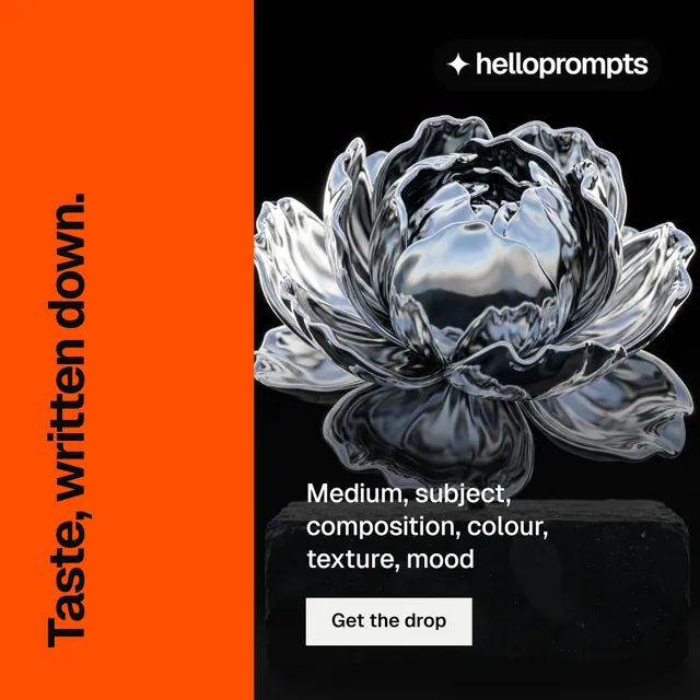 Instagram post for HelloPrompts: "Taste, written down." Split block style, vertical layout, dark palette in orange, black, grey.