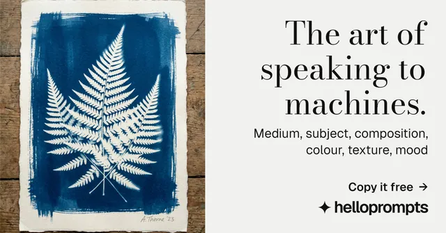 Social ad for HelloPrompts: "The art of speaking to machines." Minimal luxury style, right layout, light palette in white, blue, grey.