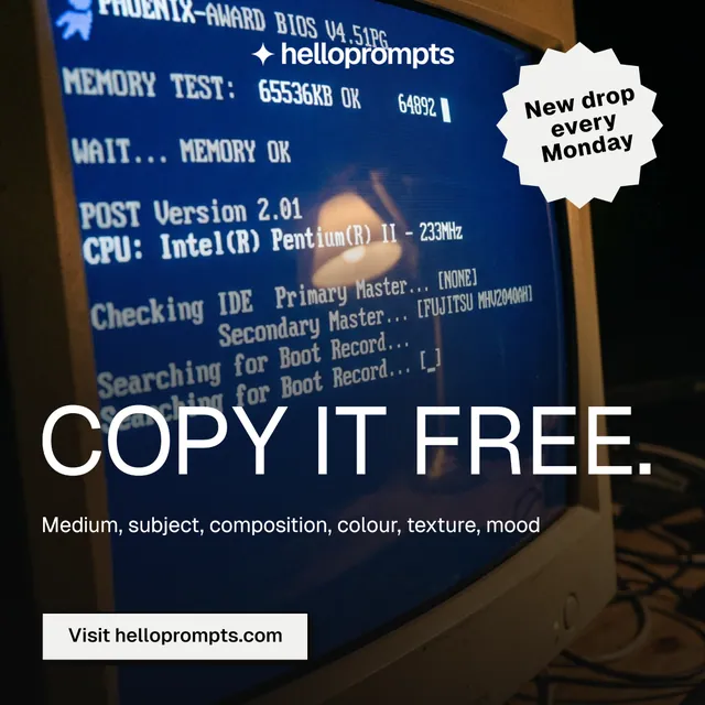 Instagram post for HelloPrompts: "Copy it free." Brutalist style, sticker layout, dark palette in black, blue, grey.