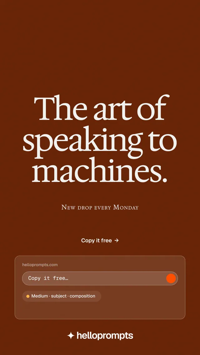 Instagram story for HelloPrompts: "The art of speaking to machines." Agentic glass style, smallcaps layout, dark palette in orange, brown.