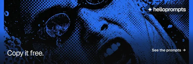 X header for HelloPrompts: "Copy it free." Y2K style, image led layout, dark palette in blue, black.