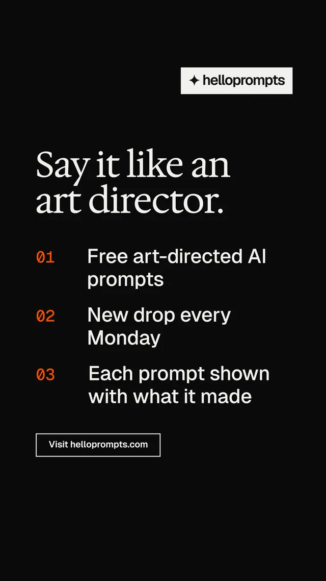 Instagram story for HelloPrompts: "Say it like an art director." Editorial style, numbered layout, dark palette in black, grey.
