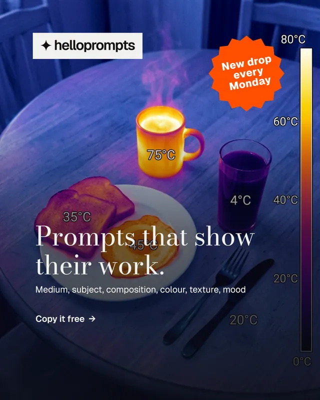 Instagram portrait post for HelloPrompts: "Prompts that show their work." Minimal luxury style, sticker layout, dark palette in blue, grey, purple.