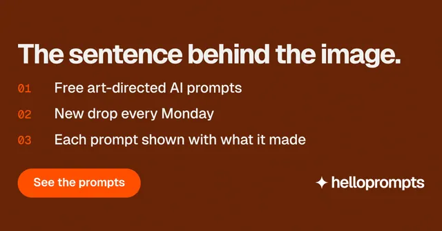 Social ad for HelloPrompts: "The sentence behind the image." Y2K style, numbered layout, dark palette in orange, brown.