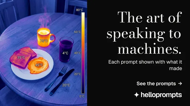 Landscape graphic for HelloPrompts: "The art of speaking to machines." Minimal luxury style, right layout, dark palette in black, blue, grey.