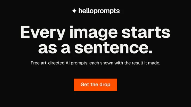 Landscape graphic for HelloPrompts: "Every image starts as a sentence." Swiss style, centred layout, dark palette in black, grey.