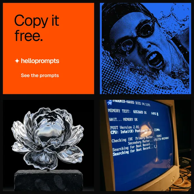 Instagram post for HelloPrompts: "Copy it free." Split block style, collage layout, dark palette in black, orange, grey.