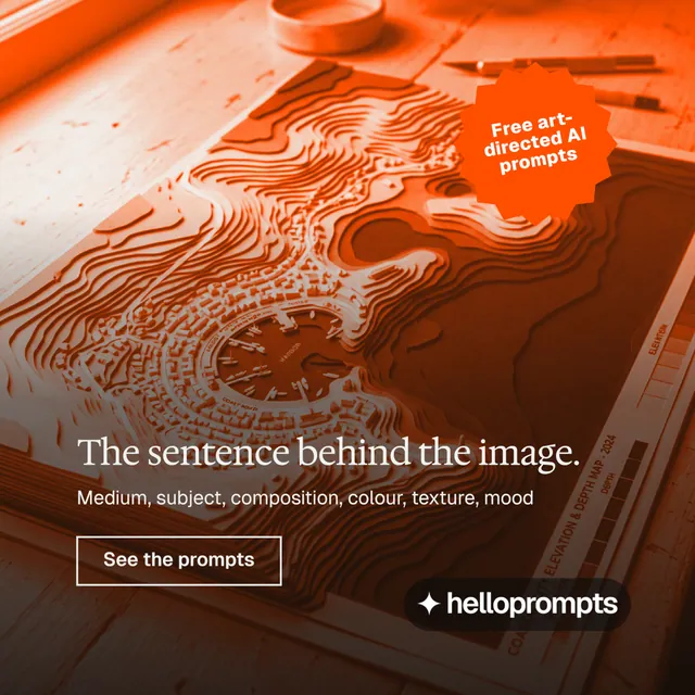 Instagram post for HelloPrompts: "The sentence behind the image." Editorial style, sticker layout, dark palette in orange, brown.