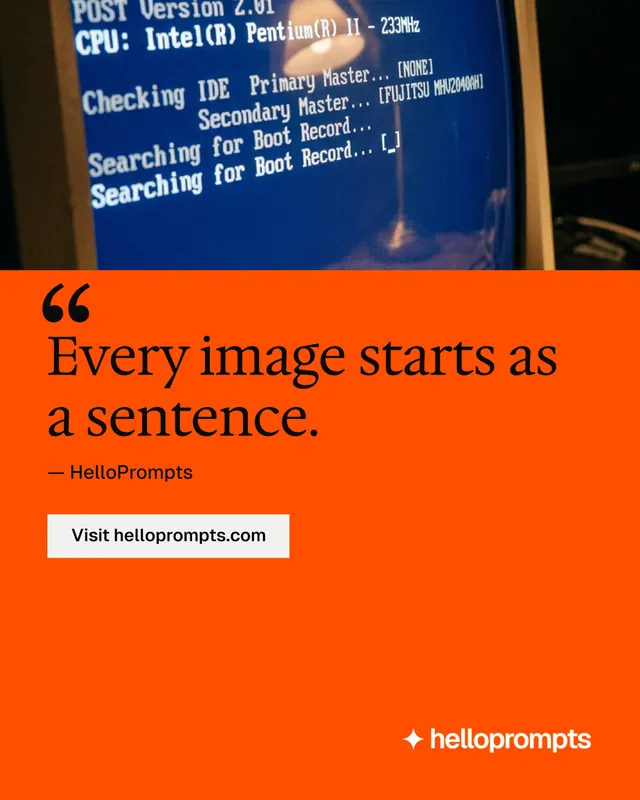 Instagram portrait post for HelloPrompts: "Prompts that show their work." Swiss style, quote layout, dark palette in orange, red.