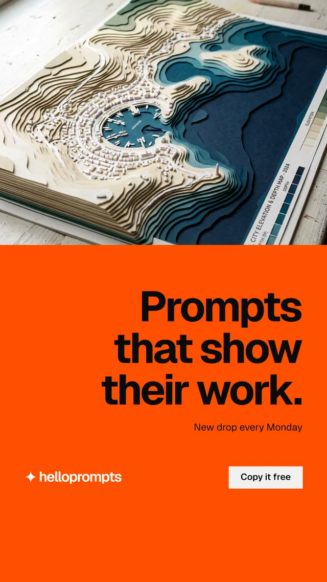 Instagram story for HelloPrompts: "Prompts that show their work." Split block style, right layout, light palette in orange, grey, brown.