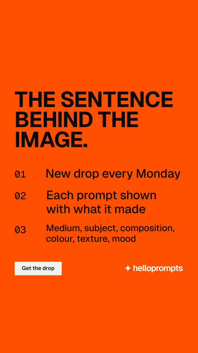 Instagram story for HelloPrompts: "The sentence behind the image." Split block style, numbered layout, dark palette in orange.
