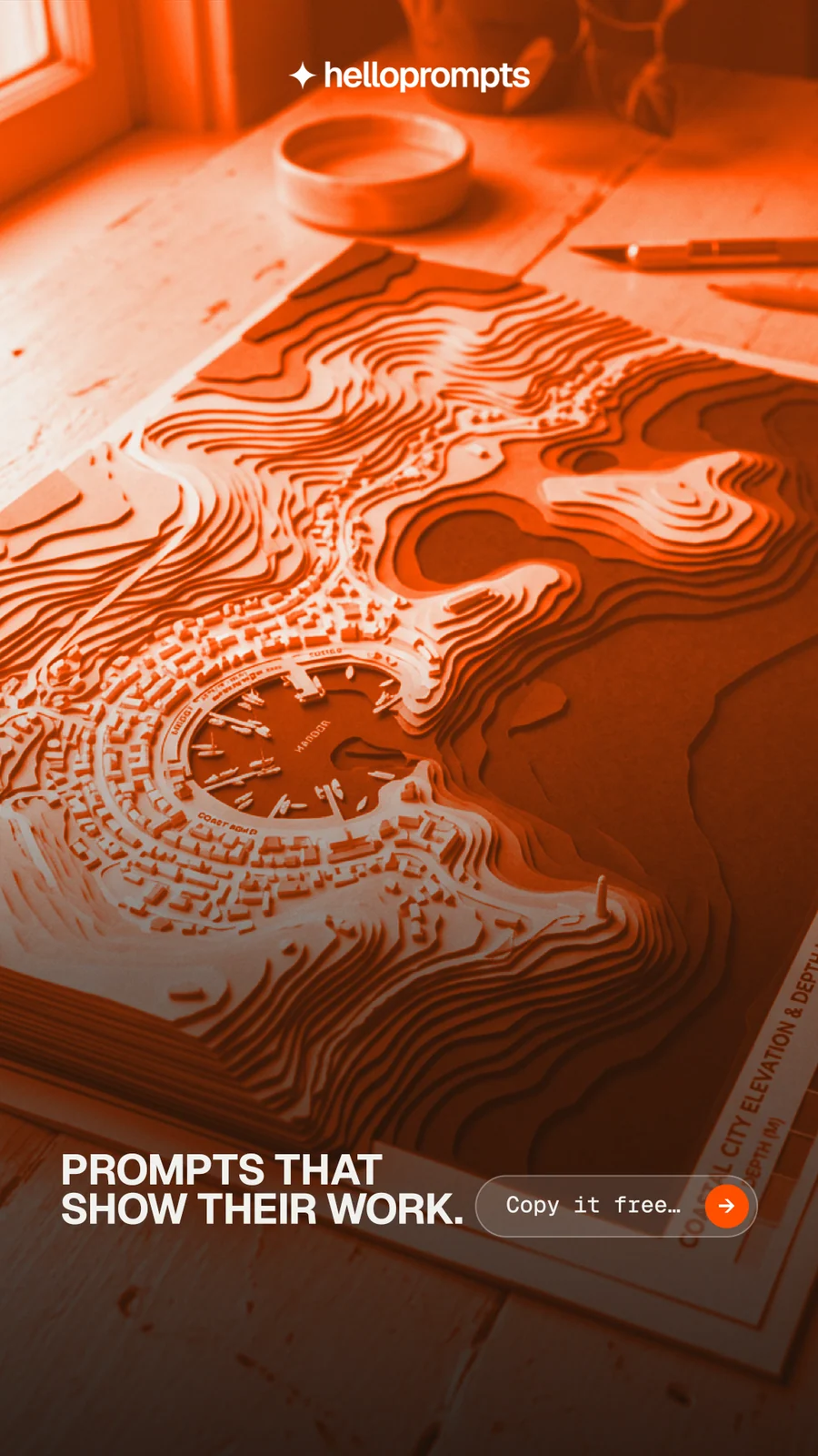 Instagram story for HelloPrompts: "Prompts that show their work." Agentic glass style, image led layout, dark palette in orange.