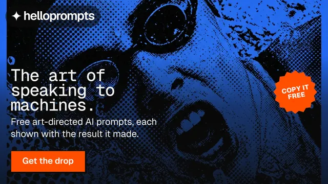 Landscape graphic for HelloPrompts: "The art of speaking to machines." Brutalist style, sticker layout, dark palette in blue, black.