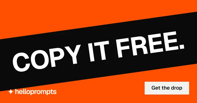 Social ad for HelloPrompts: "Copy it free." Swiss style, diagonal layout, dark palette in orange, black.