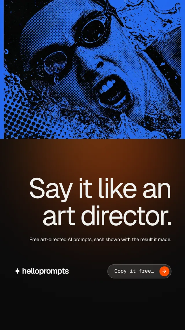 Instagram story for HelloPrompts: "Say it like an art director." Agentic glass style, right layout, dark palette in black, blue.