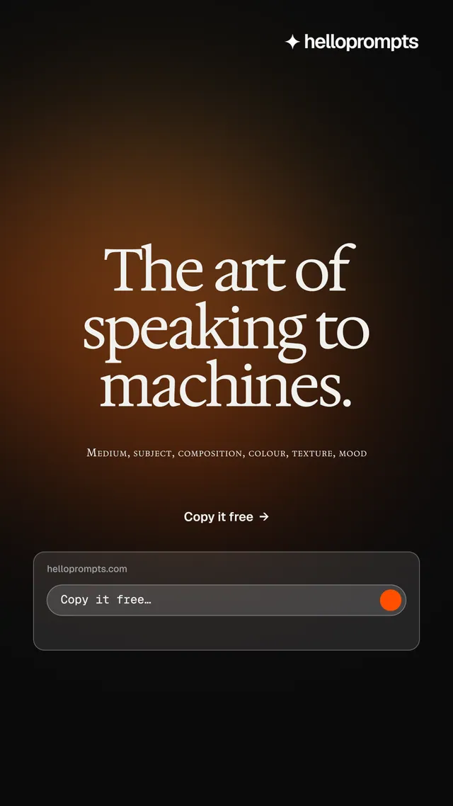 Instagram story for HelloPrompts: "The art of speaking to machines." Y2K style, smallcaps layout, dark palette in black, orange.