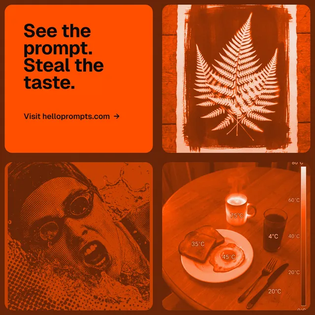 Instagram post for HelloPrompts: "See the prompt. Steal the taste." Agentic glass style, collage layout, dark palette in orange.