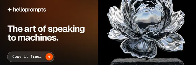 X header for HelloPrompts: "The art of speaking to machines." Agentic glass style, bottom layout, dark palette in grey, orange, black.