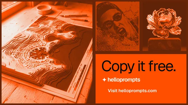 Landscape graphic for HelloPrompts: "Copy it free." Swiss style, collage layout, dark palette in orange.