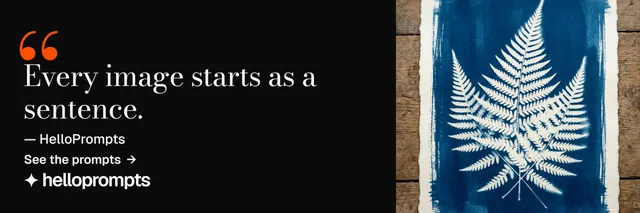 X header for HelloPrompts: "Every image starts as a sentence." Minimal luxury style, quote layout, dark palette in black, blue, grey.
