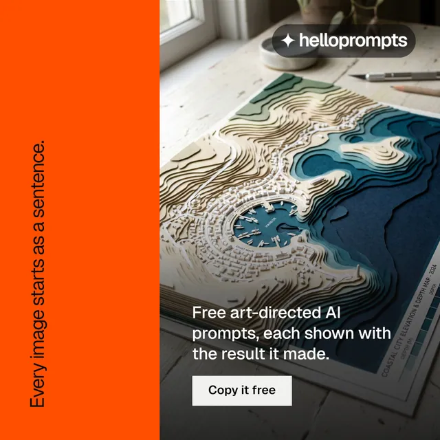 Instagram post for HelloPrompts: "Every image starts as a sentence." Split block style, vertical layout, dark palette in orange, grey.