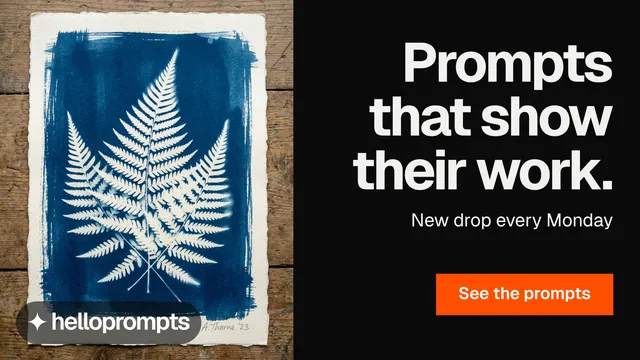 Landscape graphic for HelloPrompts: "Prompts that show their work." Swiss style, right layout, dark palette in black, grey, blue.