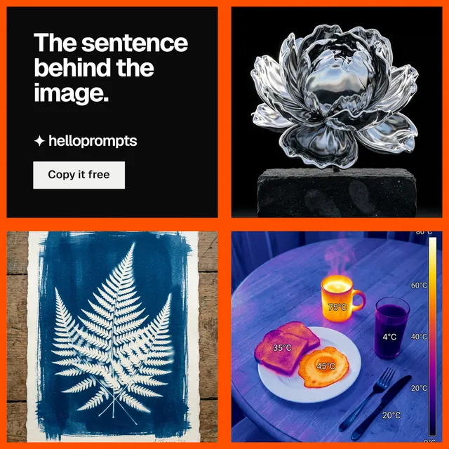 Instagram post for HelloPrompts: "The sentence behind the image." Split block style, collage layout, dark palette in red, black, grey.
