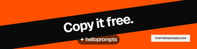 LinkedIn banner for HelloPrompts: "Copy it free." Swiss style, diagonal layout, dark palette in black, orange.