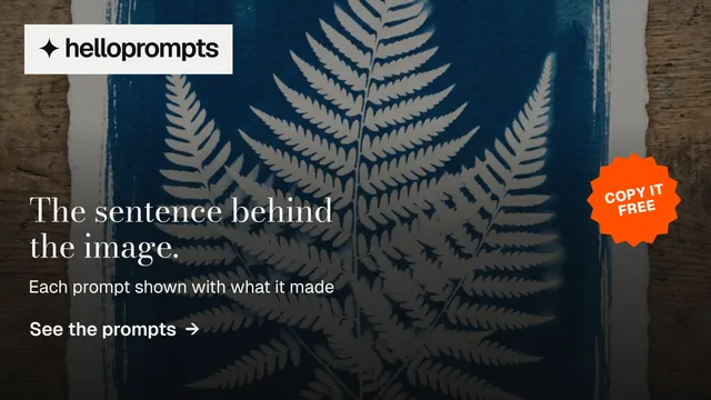 Landscape graphic for HelloPrompts: "The sentence behind the image." Minimal luxury style, sticker layout, dark palette in black, grey.