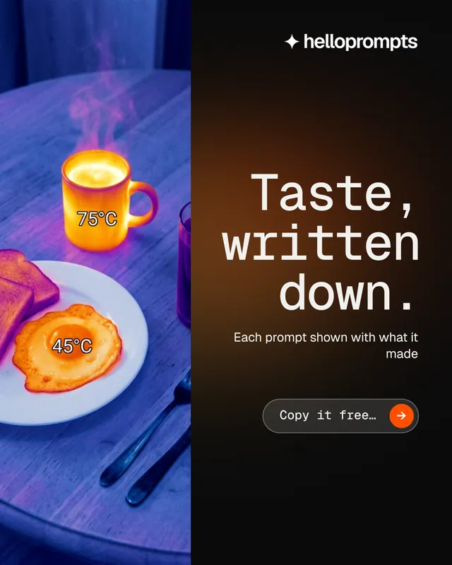 Instagram portrait post for HelloPrompts: "Taste, written down." Agentic glass style, right layout, dark palette in black, blue, orange.