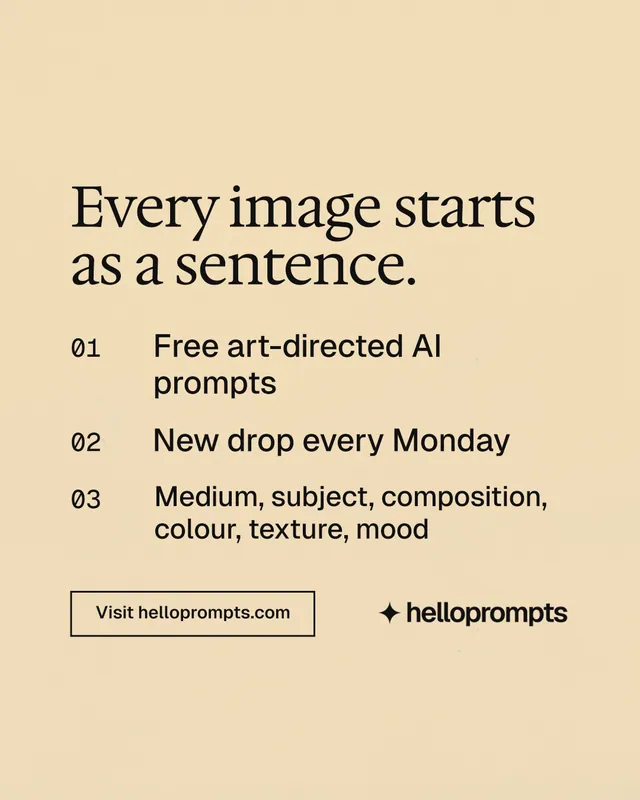 Instagram portrait post for HelloPrompts: "Every image starts as a sentence." Editorial style, numbered layout, light palette in orange.