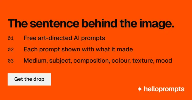 Social ad for HelloPrompts: "The sentence behind the image." Split block style, numbered layout, dark palette in orange.