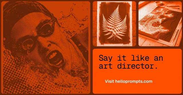 Social ad for HelloPrompts: "Say it like an art director." Y2K style, collage layout, dark palette in orange.