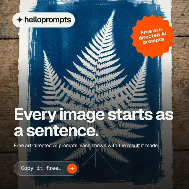 Instagram post for HelloPrompts: "Every image starts as a sentence." Agentic glass style, sticker layout, dark palette in blue, black, grey.