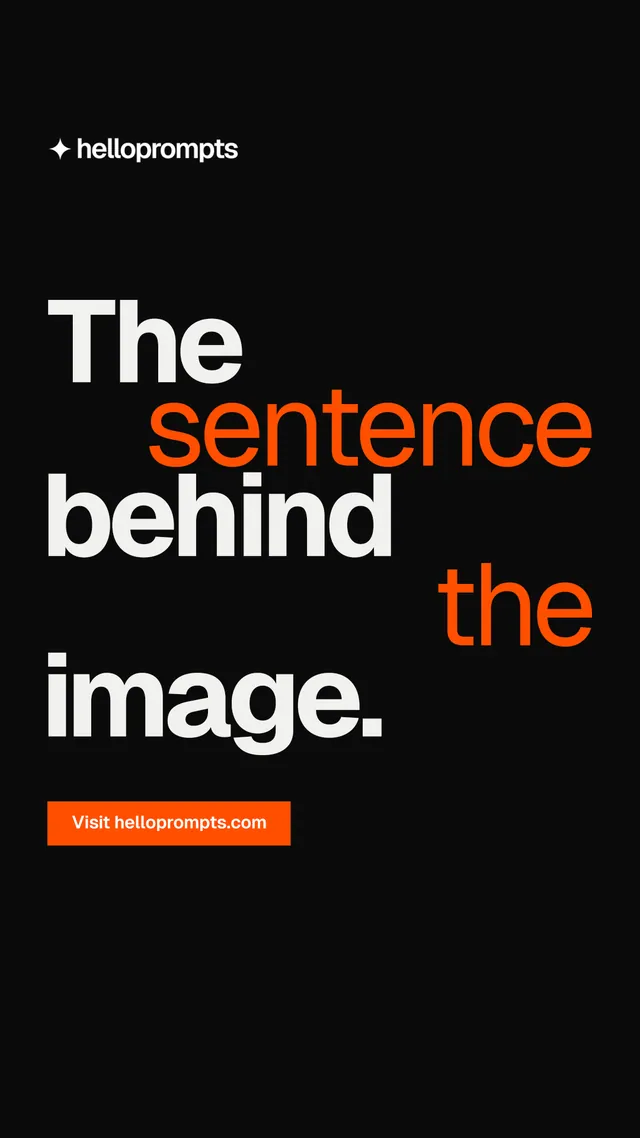 Instagram story for HelloPrompts: "The sentence behind the image." Split block style, stacked layout, dark palette in black, brown.