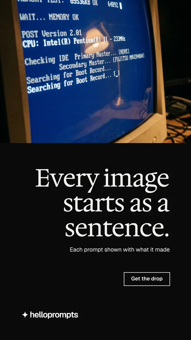 Instagram story for HelloPrompts: "Every image starts as a sentence." Editorial style, right layout, dark palette in black, blue, grey.