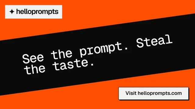 Landscape graphic for HelloPrompts: "See the prompt. Steal the taste." Brutalist style, diagonal layout, dark palette in black, orange.