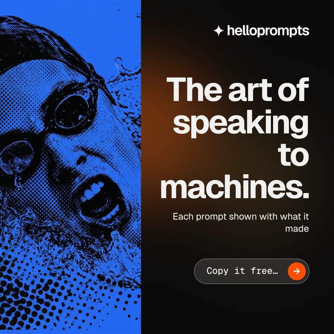 Instagram post for HelloPrompts: "The art of speaking to machines." Agentic glass style, right layout, dark palette in black, blue.
