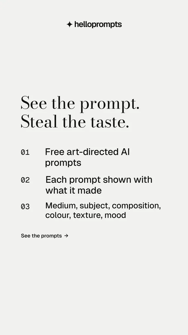 Instagram story for HelloPrompts: "See the prompt. Steal the taste." Minimal luxury style, numbered layout, light palette in white, grey.