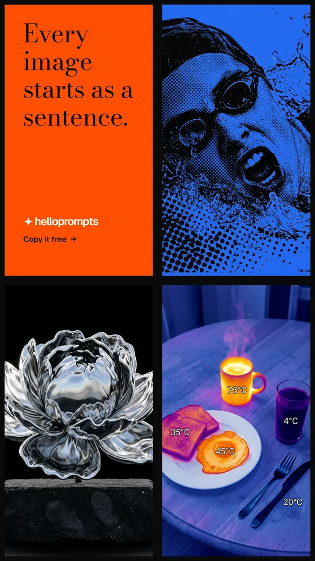 Instagram story for HelloPrompts: "Every image starts as a sentence." Minimal luxury style, collage layout, dark palette in blue, black, red.