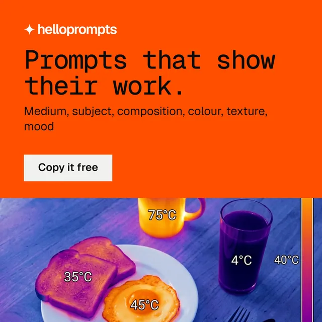 Instagram post for HelloPrompts: "Prompts that show their work." Split block style, skeleton layout, light palette in orange, red.