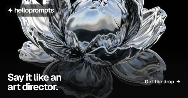 Social ad for HelloPrompts: "Say it like an art director." Swiss style, image led layout, dark palette in grey, black.