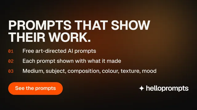 Landscape graphic for HelloPrompts: "Prompts that show their work." Y2K style, numbered layout, dark palette in orange, black, grey.
