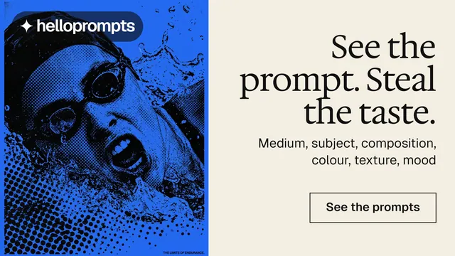 Landscape graphic for HelloPrompts: "See the prompt. Steal the taste." Editorial style, right layout, light palette in white, blue.