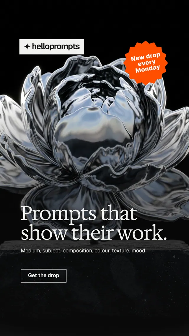Instagram story for HelloPrompts: "Prompts that show their work." Editorial style, sticker layout, dark palette in black, grey.